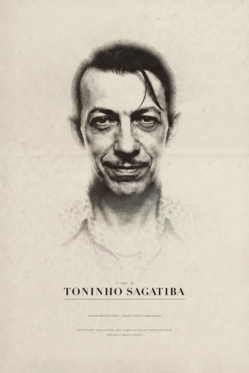 Cartaz de A Saga de Toninho Sagatiba: o retrato frontal de um homem reproduzido em retícula grosseira de jornal, denso no meio do rosto e rareando até desaparecer no papel, sobre um campo enorme de papel envelhecido, com o título embaixo.