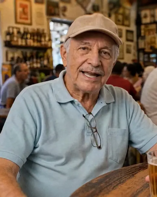 Bianchi, do botequim, sentado à mesa com o chope diante da câmera.