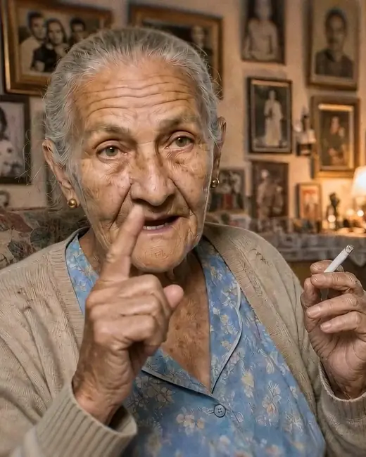 Bubu, mãe de Toninho Sagatiba, fala com o cigarro na mão na sala de casa, diante da parede de retratos.