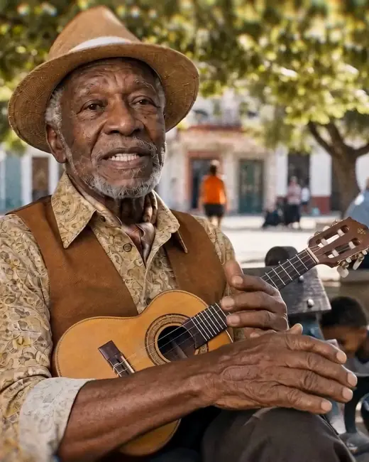 Paráda, parceiro de música, com o violão no colo, na praça onde toca.